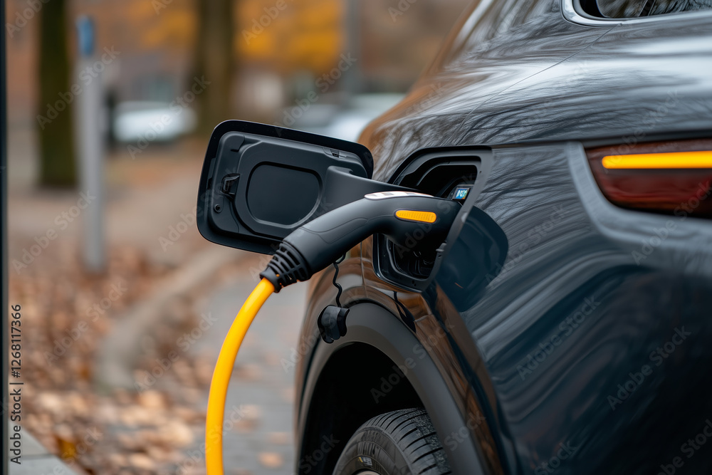 A close-up of a sleek dark-colored electric vehicle plugged into a charging station with a yellow charging cable. A close-up of a sleek dark-colored electric vehicle plugged into a charging station with a yellow charging cable.