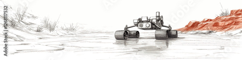 Detailed Vector Illustration of Mars Rover Exploring Rocky Martian Landscape with Advanced Technology and Natural Terrain Sketch for Science and Space Exploration