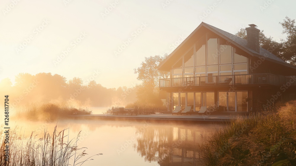 Modern Lakeside House Sunrise Golden Mist Modern Lakeside House Sunrise Golden Mist