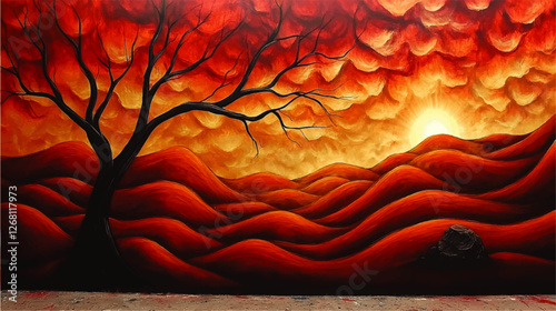 Vibrant Surreal Landscape with Fiery Sunset, Silhouetted Tree, and Rolling Red Hills - Striking Abstract Painting for Home Decor and Artistic Inspiration