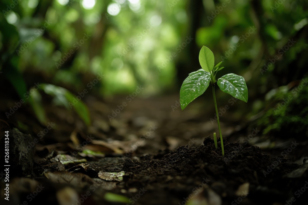 Vibrant green sprout emerges from rich, dark soil, its tender leaves adorned with glistening dew drops. Vibrant green sprout emerges from rich, dark soil, its tender leaves adorned with glistening dew drops.