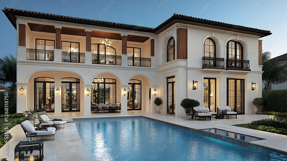 Fototapeta premium Luxury Mediterranean home, pool, evening; real estate
