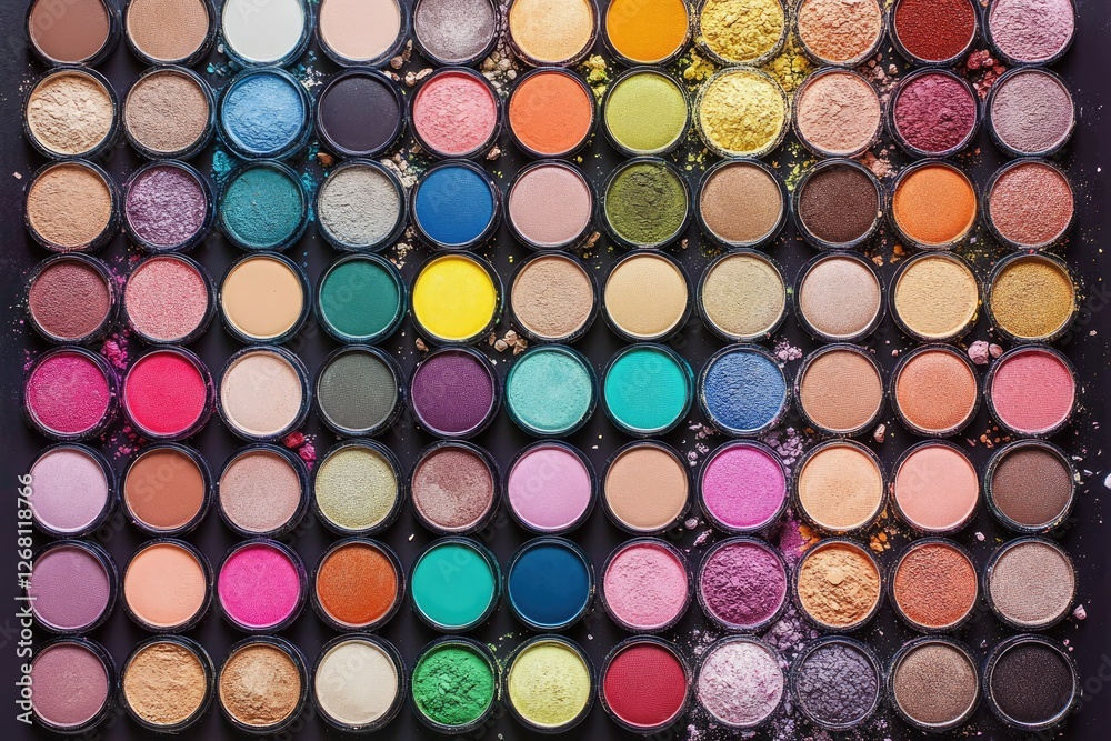 A flat lay of makeup products organized by color, creating a visually appealing background. --ar 3:2 
