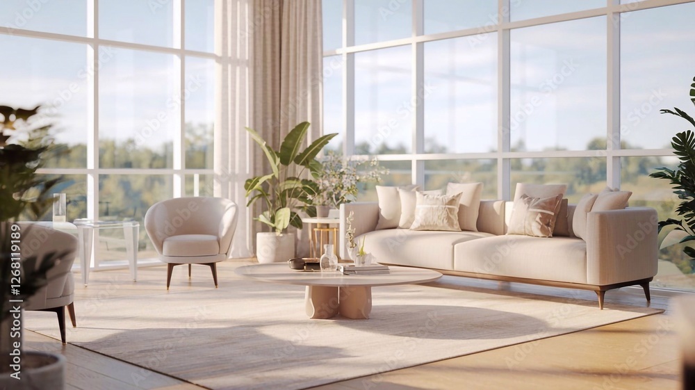 Fototapeta premium Spacious modern living room with panoramic windows, elegant furniture, cozy decor, and natural light creating a bright, inviting ambiance—perfect for interior design, real estate, or lifestyle concep