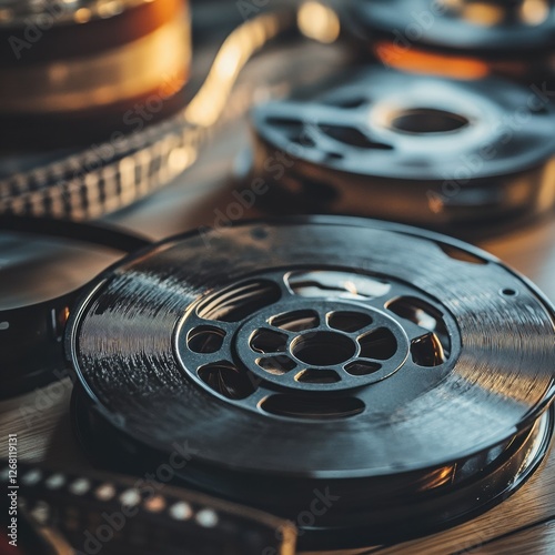 Vintage film reels and tape create a nostalgic atmosphere for storytelling and cinematic memories in close up view. Generative AI