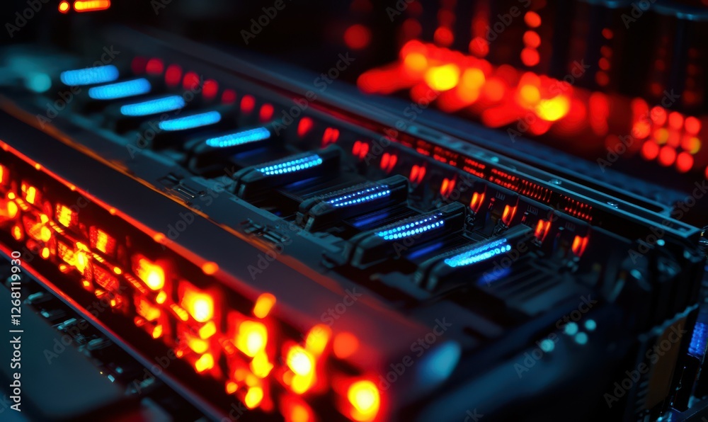 High-tech server with glowing red and blue circuit lines, close-up detail of futuristic hardware design, modern data processing theme, digital technology concept High-tech server with glowing red and blue circuit lines, close-up detail of futuristic hardware design, modern data processing theme, digital technology concept