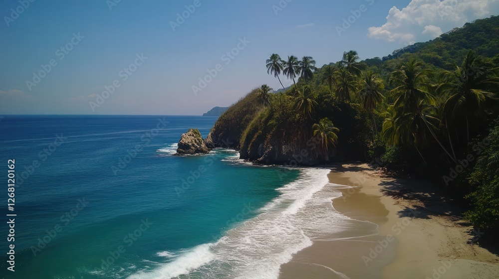 Fototapeta premium Secluded Tropical Beach Paradise Coastal Cliffs Palm Trees