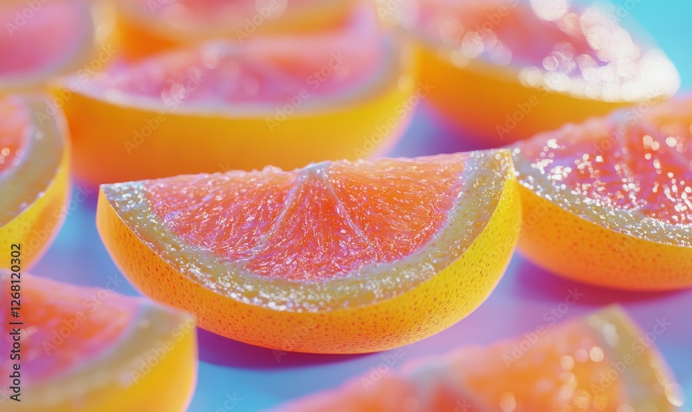 Abstract macro shot of vibrant grapefruit slices arranged on a soft pastel background, bright natural light enhancing their fresh tones. Abstract macro shot of vibrant grapefruit slices arranged on a soft pastel background, bright natural light enhancing their fresh tones.