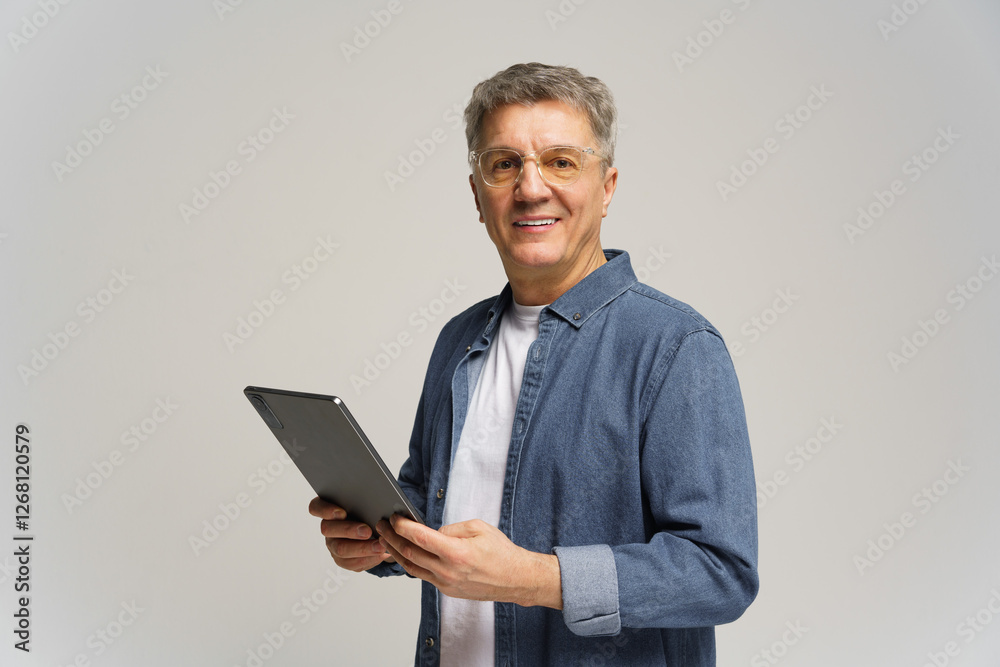 Senior man holds tablet and smiles warmly while standing against plain background in casual attire Senior man holds tablet and smiles warmly while standing against plain background in casual attire