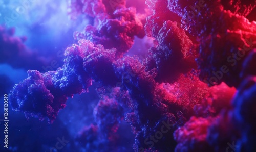 Abstract molecular visualization glowing in vibrant red and blue hues  soft light highlighting intricate particle connections  futuristic medical theme  clean detailed tones