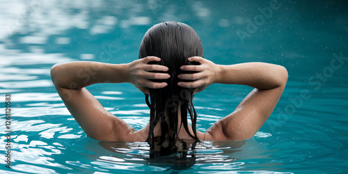 A woman in a pool with wet hair, holding her hair back with both hands, symbolizing beauty, relaxation, and calmness in water.