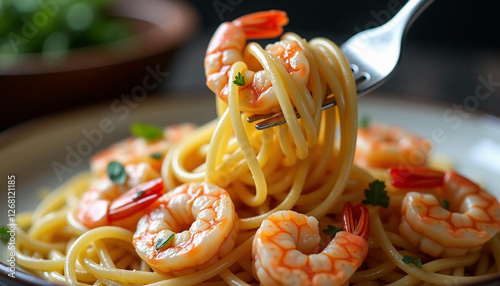 Un tenedor enrollando pasta de camarones al scampi, con jugosos camarones y hebras de linguine brillando con salsa de mantequilla y ajo