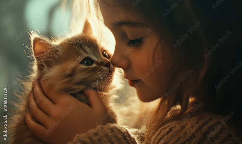 Little girl holding a fluffy kitten near her face, warm soft lighting creating a tender mood, sharp focus on fur detail Little girl holding a fluffy kitten near her face, warm soft lighting creating a tender mood, sharp focus on fur detail
