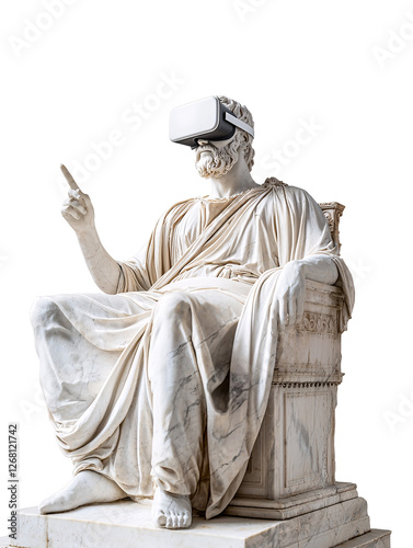 Ancient Statue Wearing Virtual Reality Headset in Modern Setting