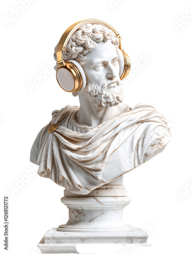 Classical Statue with Modern Headphones Merging Art and Technology