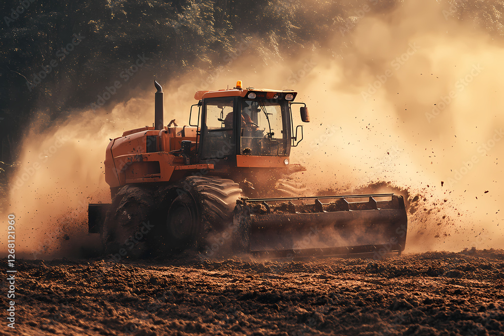 Orange Tractor Working the Land: A powerful orange tractor powerfully cultivates a field, kicking up a cloud of dust in its wake. The scene is dynamic, capturing the raw energy of agricultural work. Orange Tractor Working the Land: A powerful orange tractor powerfully cultivates a field, kicking up a cloud of dust in its wake. The scene is dynamic, capturing the raw energy of agricultural work.