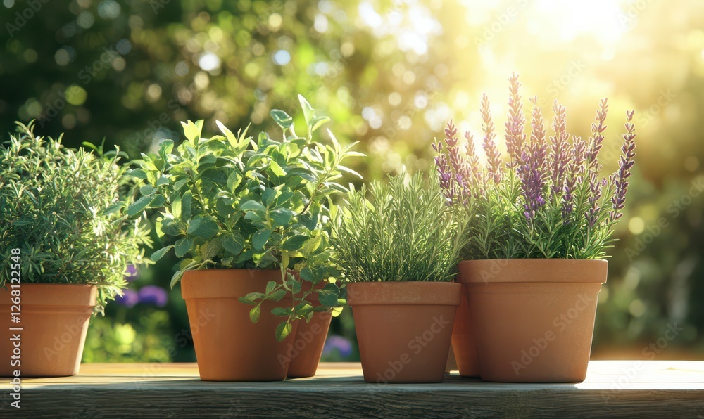 Lush herb garden with fresh lavender and rosemary growing in terracotta pots on a sunlit wooden table, radiating rustic beauty. Lush herb garden with fresh lavender and rosemary growing in terracotta pots on a sunlit wooden table, radiating rustic beauty.