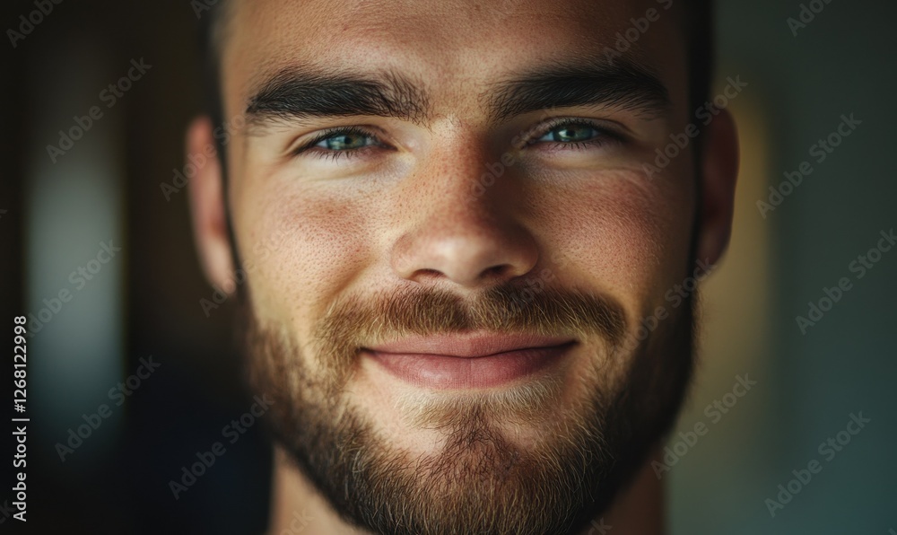 Fototapeta premium Close-up portrait of a young man with a beard smiling confidently, soft ambient light creating a natural and approachable vibe, clean and sharp