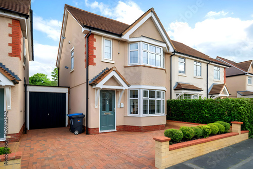 Row of new detached houses in sunny day England.