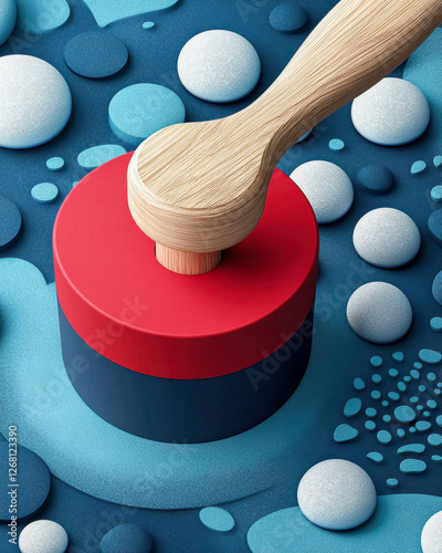 Wooden handle pressing down on red and blue container surrounded by pebbles photo