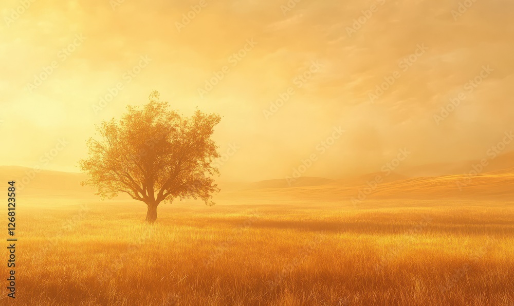 Fototapeta premium Majestic lone tree surrounded by golden mist in a tranquil sunrise field, radiating peaceful solitude.