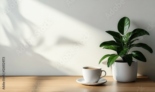 Wallpaper Mural Minimalist workspace setup with a sleek wooden desk, a bright potted plant, and a cup of freshly brewed coffee. Torontodigital.ca