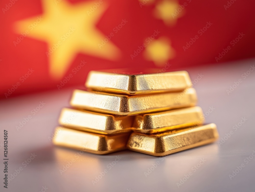Gold Bars Stacked in Front of Chinese Flag Gold Bars Stacked in Front of Chinese Flag