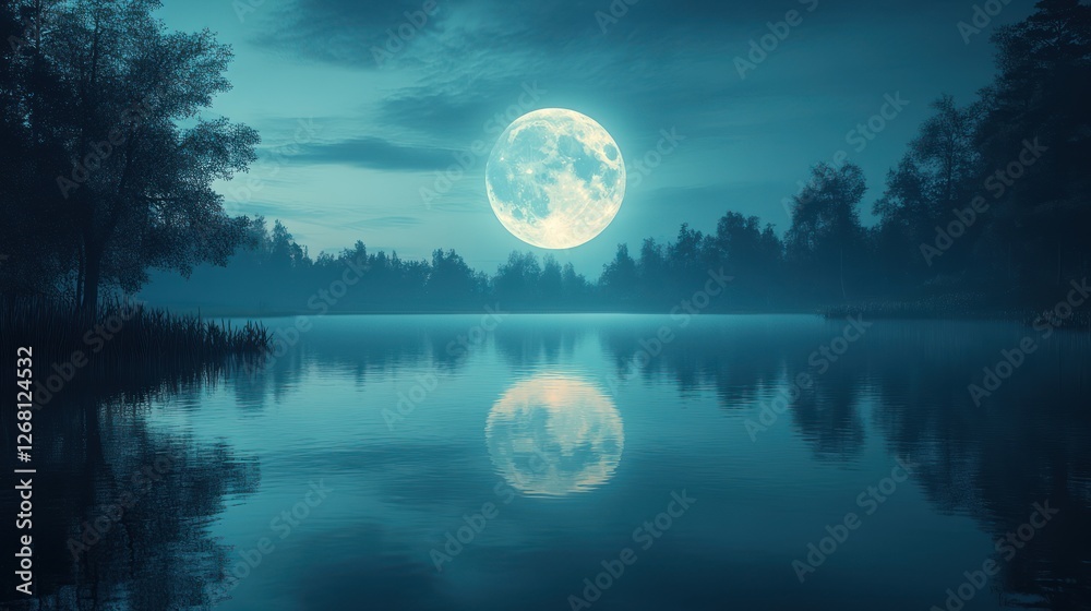 A giant moon reflected perfectly in a calm lake, night serenity A giant moon reflected perfectly in a calm lake, night serenity