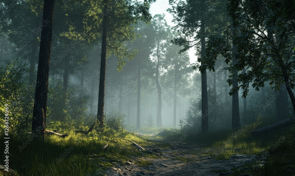 Fototapeta premium Moody forest landscape with tall pines and soft mist settling over the ground, creating a mysterious and serene vibe.