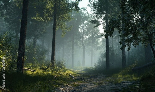 Moody forest landscape with tall pines and soft mist settling over the ground, creating a mysterious and serene vibe.