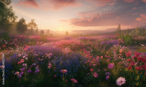 Vibrant meadow filled with wildflowers in soft hues of pink and purple, bathed in the gentle light of a serene golden sunset, creating a dreamlike ambiance.