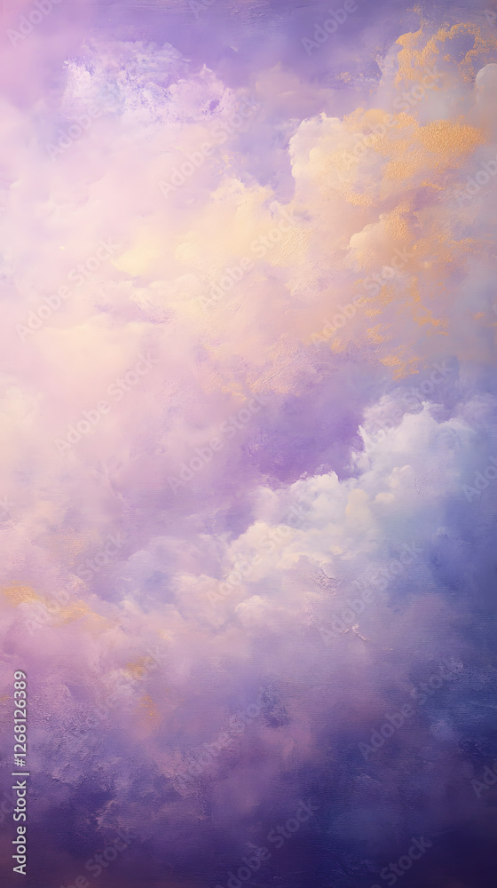 Fototapeta premium Elegant abstract cloud painting in purple and gold hues. Atmospheric textured artwork on canvas
