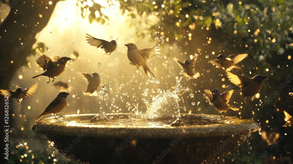 Naklejka premium Birds Bathing in Golden Sunlight at a Birdbath