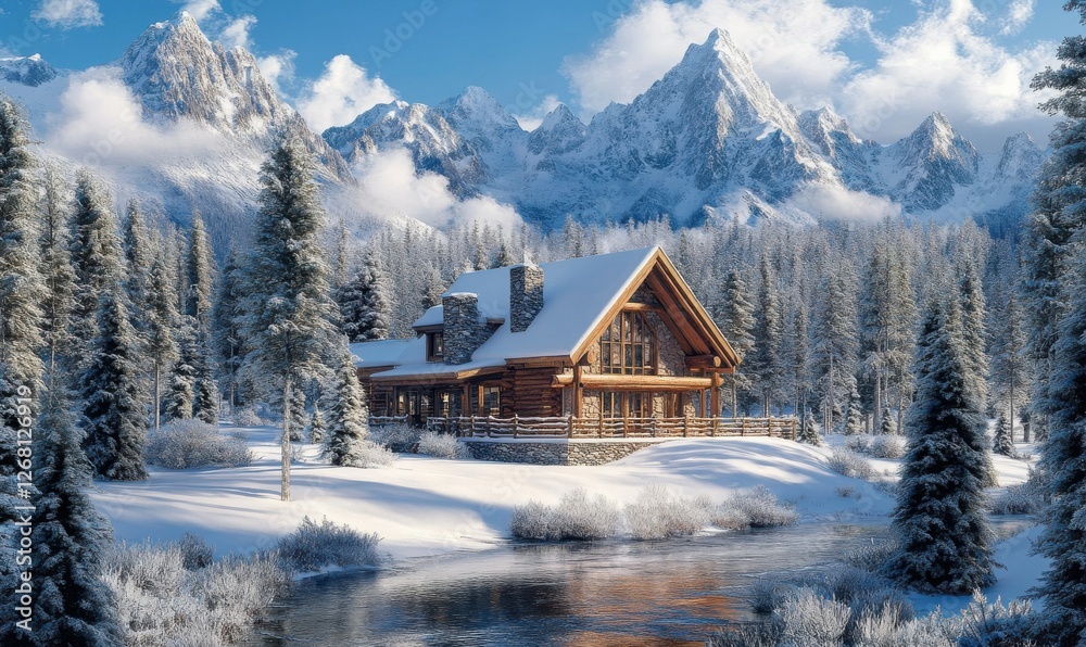 Scenic mountain view with a wooden cabin nestled amidst snowy trees, exuding tranquility and rustic charm. Scenic mountain view with a wooden cabin nestled amidst snowy trees, exuding tranquility and rustic charm.