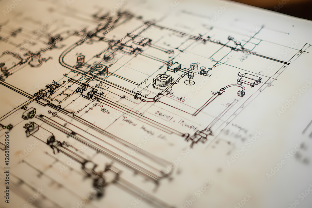 Detailed Blueprint: Close-up view of a meticulously drawn technical blueprint, showcasing intricate details of a complex system of pipes, valves, and components. Detailed Blueprint: Close-up view of a meticulously drawn technical blueprint, showcasing intricate details of a complex system of pipes, valves, and components.