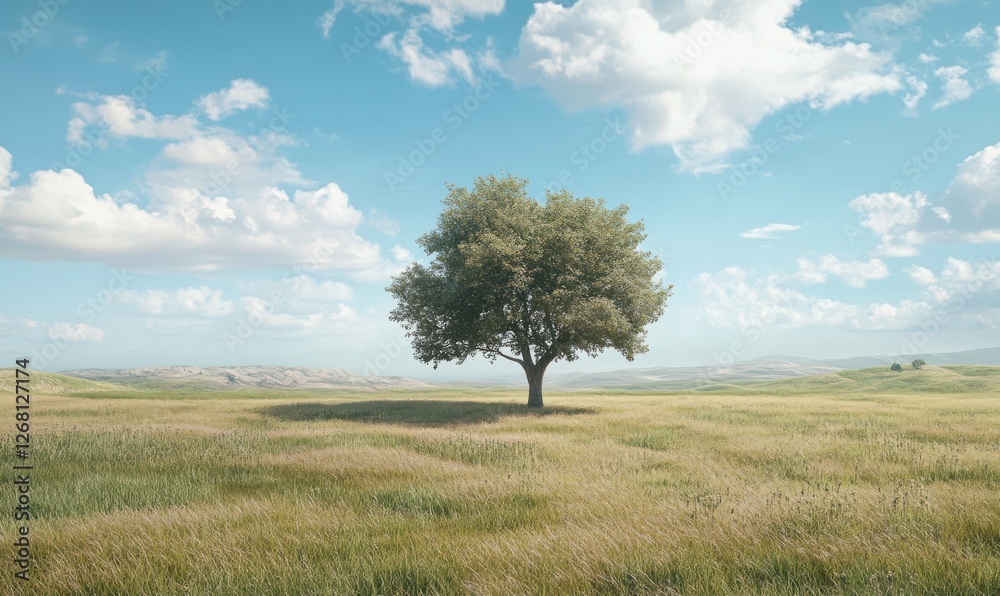 Wide-open meadow with a single oak tree under a vast blue sky, symbolizing solitude and freedom in nature. Wide-open meadow with a single oak tree under a vast blue sky, symbolizing solitude and freedom in nature.