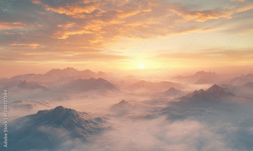 Foggy mountain range at sunrise, layers of hills fading into the distance as soft orange and pink hues fill the sky Foggy mountain range at sunrise, layers of hills fading into the distance as soft orange and pink hues fill the sky