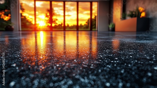 A sunset reflecting on a polished floor in a modern interior space.