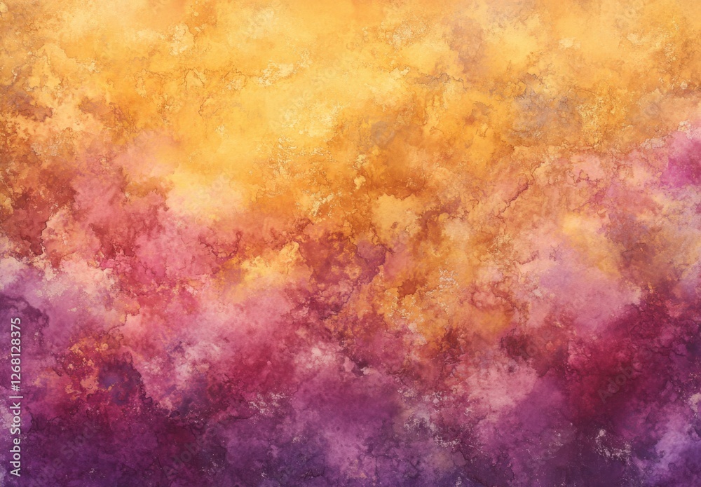 Obraz premium beautiful hues of yellow gold pink and purple in hand painted watercolor background design with paint bleed and fringing in colorful sunrise or sunset colors in cloudy shapes