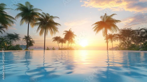 Tranquil Sunset Pool Scene With Palm Trees