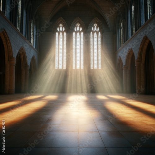 sunlight streams into a grand hall