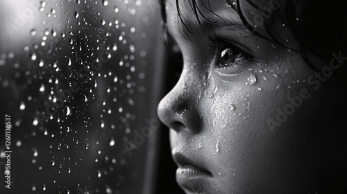 black and white close up portrait of a young girl looking through a window covered in raindrops.