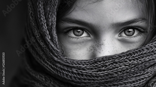 black and white portrait of a girl wrapped in a knit scarf looking at the camera