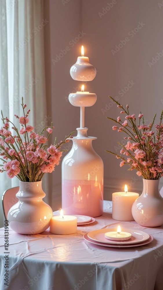 Elegant dining table with pink vases, candles, and fresh flowers for cozy ambiance Elegant dining table with pink vases, candles, and fresh flowers for cozy ambiance