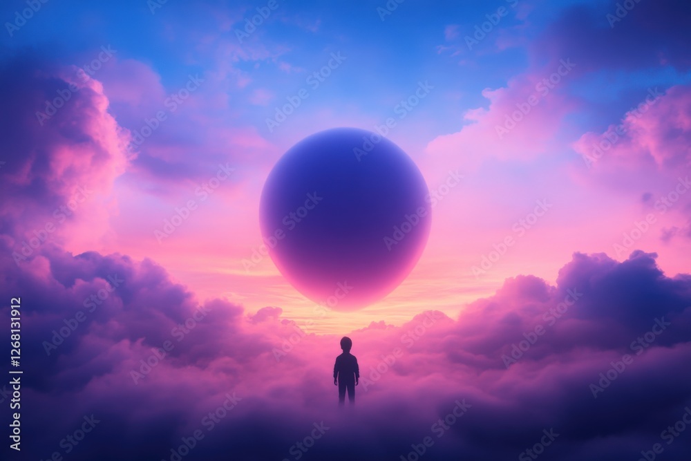 child gazing at surreal balloon in cloudscape child gazing at surreal balloon in cloudscape