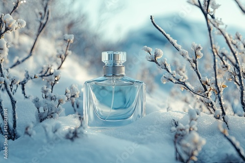 A perfume bottle mockup with a serene and ethereal winter landscape backdrop --ar 3:2