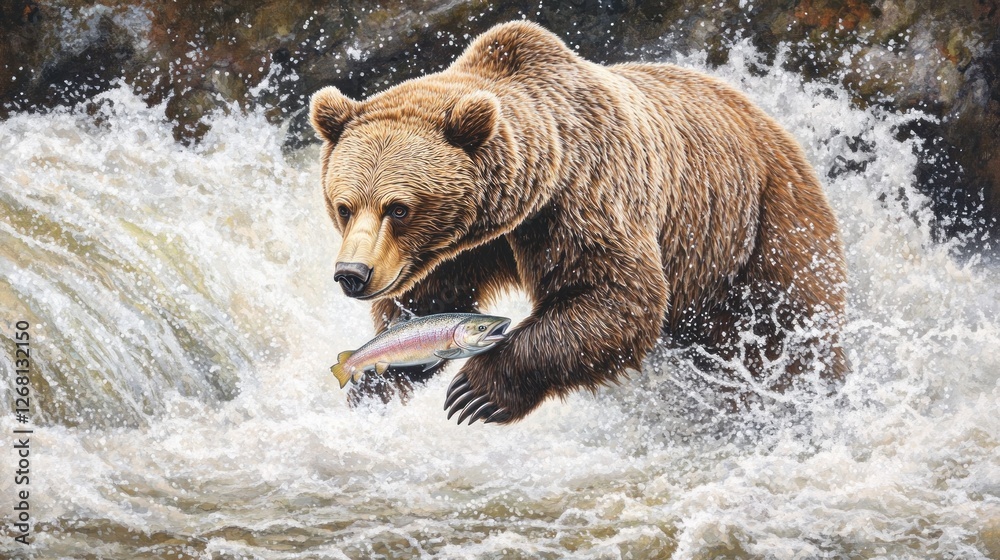 Fototapeta premium Grizzly Bear Catches Salmon In Rushing River Water