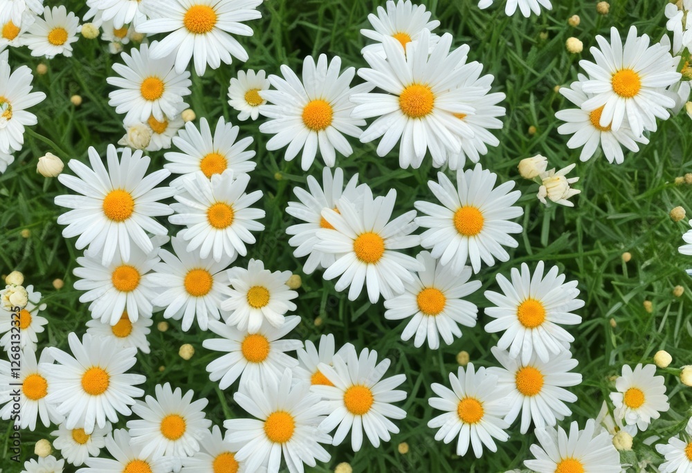 Wunderschöne Nahaufnahme von weißen Gänseblümchen mit leuchtend gelben Blütenmitten auf grünem Hintergrund, ideal als frisches Frühlingsmotiv. Generative KI Wunderschöne Nahaufnahme von weißen Gänseblümchen mit leuchtend gelben Blütenmitten auf grünem Hintergrund, ideal als frisches Frühlingsmotiv. Generative KI