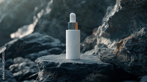 Clean White Serum Bottle on Rock Surface Reflecting Harsh Sun Light Therapy