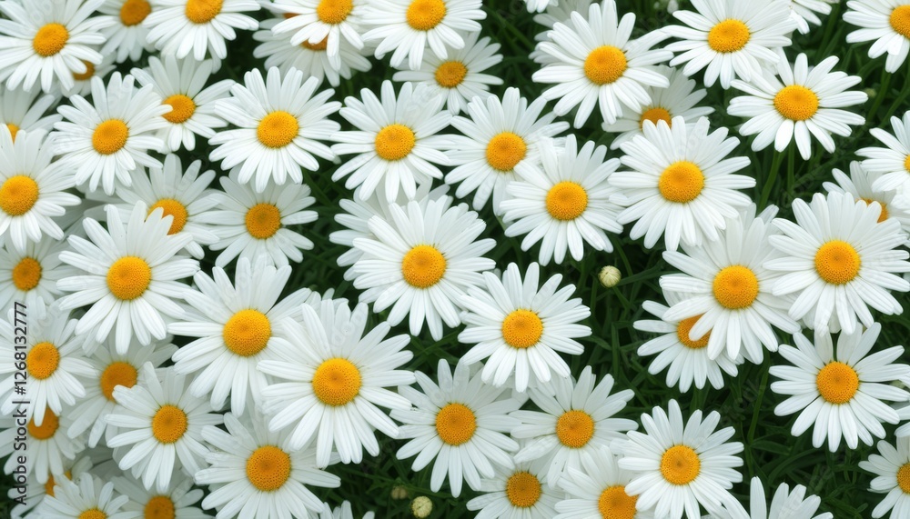 Wunderschöne Nahaufnahme von weißen Gänseblümchen mit leuchtend gelben Blütenmitten auf grünem Hintergrund, ideal als frisches Frühlingsmotiv. Generative KI Wunderschöne Nahaufnahme von weißen Gänseblümchen mit leuchtend gelben Blütenmitten auf grünem Hintergrund, ideal als frisches Frühlingsmotiv. Generative KI